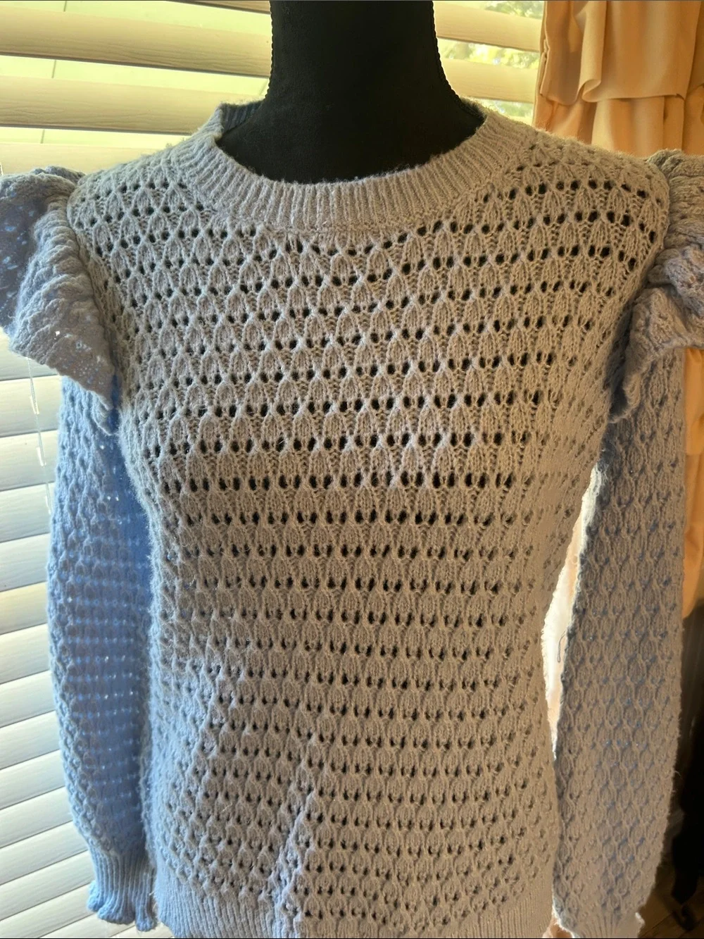 LOFT Light Blue Open-Knit Puff Sleeve Crew Sweater